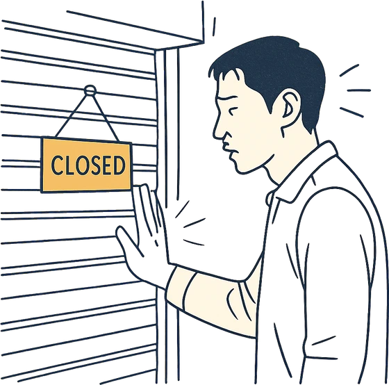 셔터가 내려가고 CLOSED 팻말이 걸린 가게 앞에서, 손을 대어 보며 실망한 사람