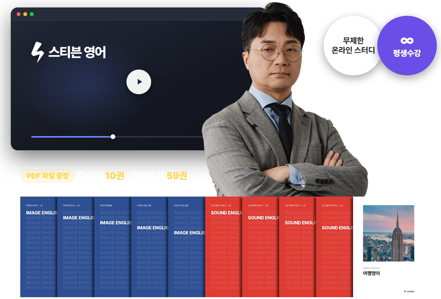 스티븐영어 강의 화면과 학습지 열 권